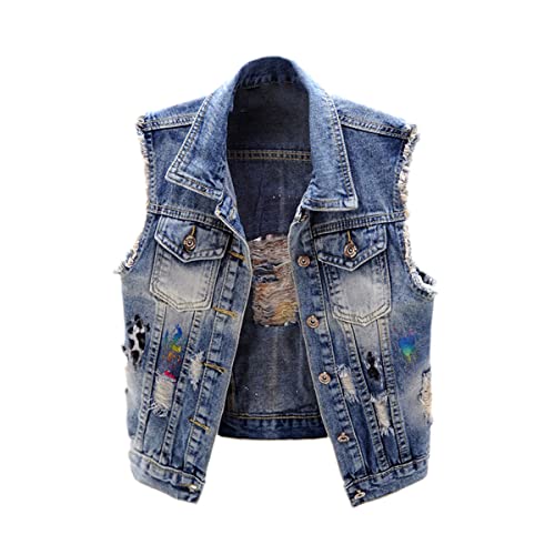 Débardeur en denim femme bleu veste courte sans manches été bords effilochés S