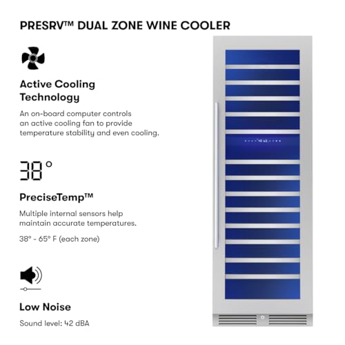 Image of Zephyr Presrv 24 Inch Wine Fridge Full Size Dual Zone - Wine Cooler Cellars Large Cabinet Wine Refrigerator Home Bar Chiller Freestanding with French Glass Door - 138 Bottles 750 ml