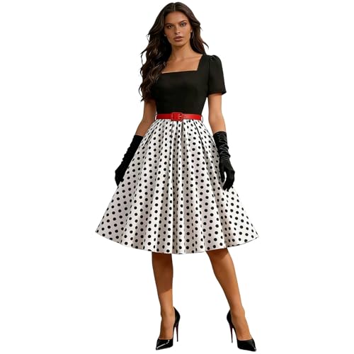 Vestido de año 50 para mujer, vestido de guinguinguinguinguinga para mujer, año 50 Rockabilly – Disfraz de año 50 sin mangas con lunares – Vestidos de cóctel pin up swing para fiesta de noche, A