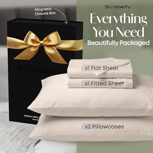 Image of Slumberfy 4-Piece 400 TC Viscose Derived from Bamboo Sheets, Queen Size - 1 Fitted, 1 Flat, 2 Pillow Cases - Deep Pocket Cooling Viscose-Bamboo Bed Sheets in Magnetic Closure Gift Box, Sand