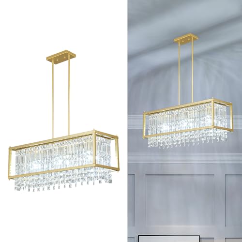 Image of LMQNINE Modern Rectangle Chandelier for Dining Room, Gold Crystal Chandelier Linear Light Fixture, Farmhouse Chandeliers for Kitchen Island, Bar Table, L30.7'' x W9.84'' x H8.66''