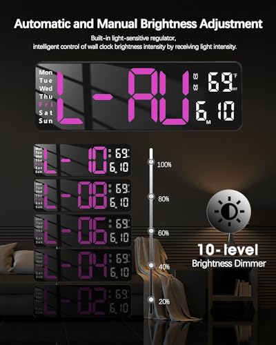 Image of JoFomp Digital Wall Clock - 13 inch Large LED Display, Loud Alarm, Remote Control, DST, Auto-Dimming, Date and Day, Timer, Temperature - 12 /24H Format - Ideal for Living Room, Bedroom (Pink)