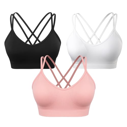 Image of VEQKING Strappy Cross Back Women Sports Bra Pack for Medium Support Workout | Removable Padded Cups, Spaghetti Strap, Comfort Seamless Wirefree, Soft Breathable Fabric, for Gym /Yoga /Pilates /Walking /Daily