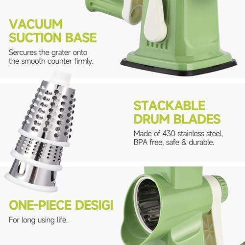 Image of Rotary Cheese Grater Hand Crank Transparent - Shredder Slicer Grinder 3 Stainless Steel Blades, Stable Suction, Labor-Saving Handle, Safe Kitchen Tool for Cheese, Vegetable, Nuts, Chocolate