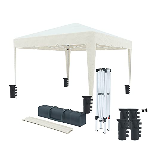 Cenador plegable de 3 x 3 m, impermeable, con 4 bolsas para pesas y bolsa de transporte. Cierre de acordeón para ferias, camping, exteriores, piscina. Estructura de acero. Cobertura de 160 g/m²