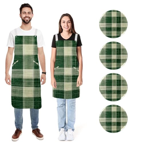 Tablier en lin réglable lot de 2 contre les taches de cuisine style rétro vert