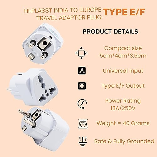 Image of Hi-PLASST India to Europe Converter Plug, Germany Travel Adapter (Pack of 10) Type E /Type-F Universal Socket with Schuko Pin Power Plug, 2pin to 3pin South Korea • France • Europe • Russia