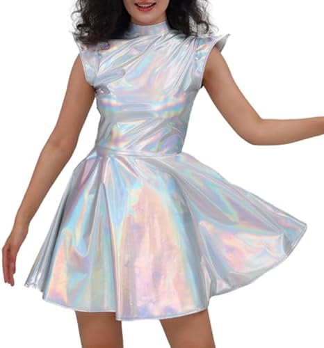 glitter fancy dress ideas Metallic Women's Sleeveless Wetlook Alien Costume Holographic Metallic Shiny Glitter Skirt Dress Costumes Women's Mini Dress Party Dress Carnival Glitter New Year's Eve Dress, O Fashion the heiress