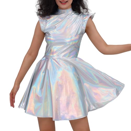 Kleid Silber Metallic Damen, Metallic Glitzerkleid Damen Glänzendes Kleid Ärmellos Alien Kostüm Metallisch Glänzend Glitzerrock Minikleid...