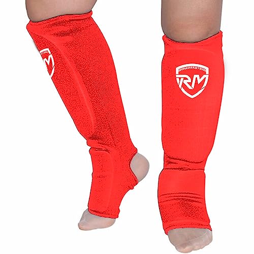 RingMaster Elastic Shin Instep Pads Leg Foot Guard Kickboxing Karate MMA Thai Martial Arts Training (Pair) (X Large, Red) - Image 2