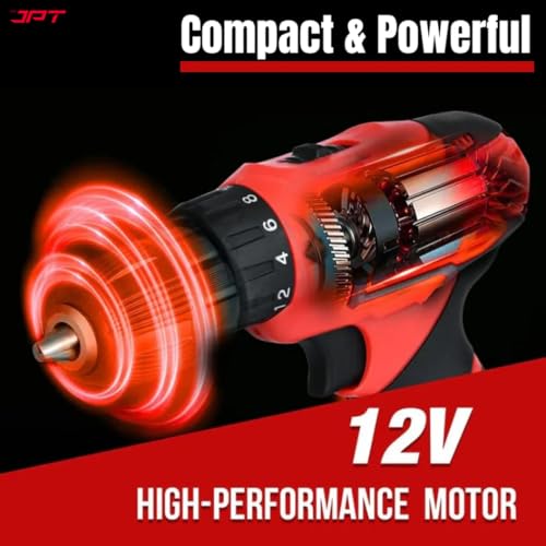 Image of JPT 12V Powerful Cordless Drill Machine | 1350 RPM | 18 Torque | 10MM | 1.50 KW | 2 Speed Gear | ๐๐ง๐ ๐๐๐ญ๐ญ๐๐ซy| Fast Charger | Keyless Chuck | Carrying Bag