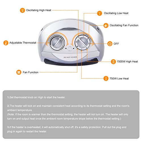 Brightown Portable Ceramic Space Heater 1500W/750W, 2 In 1 Oscillating Electric Room Heater With Tip Over And Overheat Protection, 200 Square Feet Fast Heating For Indoor Bedroom Office Desk Home (Silver) #TOP5