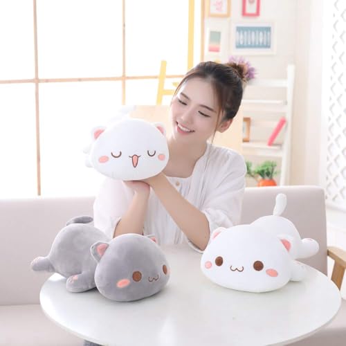 Image of Sleeping Cat Stuffed Animals, Soft Plush Pillow Kawaii Kitten Toy Gifts for Kids (Grey Round Eyes) 35 cm