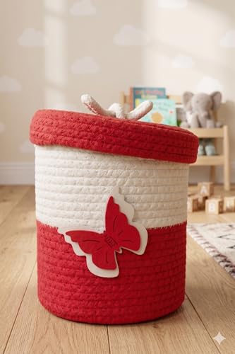 Image of Jute Basket For Storage Cotton Rope Toys Basket With Lid Handwoven Natural Foldable Laundry Hamper for Home, Office, Living Room Size 10x10 inch (red butterfly)