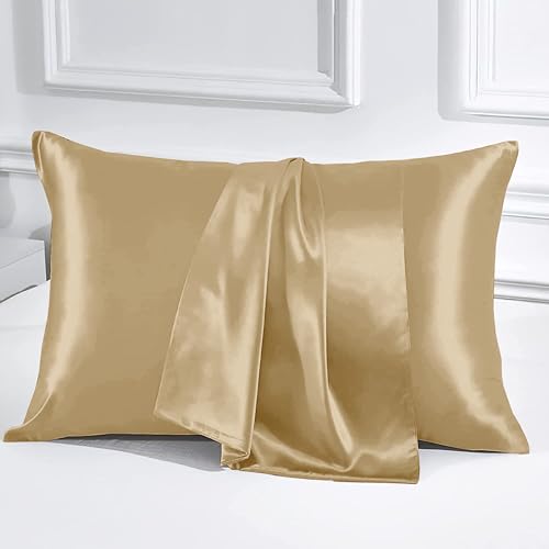 Image of Luxury Silk Satin Pillow Cover Standard Size 18 x 28 - Romantic Pillow Cover Set for Bedroom | Bridal Wedding Soft Luxury Bedding | Beige, Pillow Covers (18 x 28)