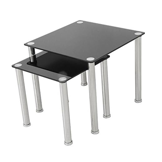 MAHARA Chrome and Black Glass Nest of Tables - Nesting Tables 50cm x 45cm x 45cm and 39cm x 30cm x 30cm - Safety Glass Coffee Tables 10kg Max - Nest of Tables Living Room Furniture/Office Furniture