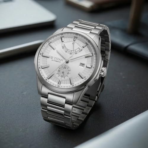 Image of Titan Aion Concealed Automatic Analog with Power Reserve Indicator and White Dial Silver Stainless Steel Strap Watch for Men - 90224SM01
