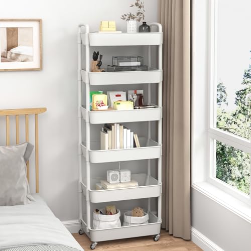 Image of Sywhitta 6-Tier Plastic Rolling Utility Cart with Wheels for Storage,White | Multi-Functional Storage Trolley, for Office, Living Room, Kitchen, Bathroom,Movable Organizer,Space-Saving,Easy to assemble