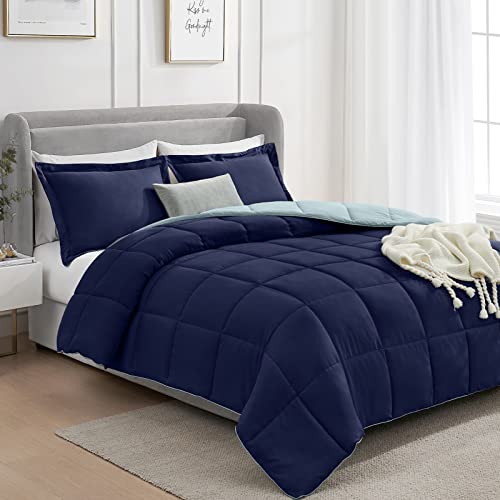 Homelike Moment Lightweight Comforter Set Queen Reversible All Season Down Alternative Bed Comforter Set Summer Blanket 3 Piece - 1 Comforter 2 Pillow Shams Full / Queen Size Navy / Light Blue #TOP1