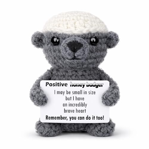 Crochet Honey Badger Positive Affirmation Brave Gift - Funny Inspirational Mini Animal Theme Desk Decor Graduation Encouragement Present for Son Daughter Student Graduate Daily affirmation Gifts