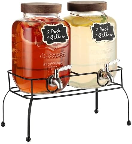 JOFUYU 2-Pack Glass Drink Dispensers With Stand (2 Gallon Each) - Stainless Steel Spigot For Parties & Events