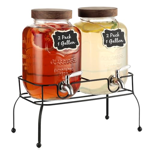 1 Gallon Glass Drink Dispenser 2 Pack - Drink Dispenser with Stand, Juice Dispenser, Drink Dispensers for Parties, Glass Water Dispenser with Stainless Steel Spigot, Lemonade Dispenser