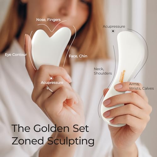 Image of Scienlodic 2 Pcs Gua Sha Massage Tools for Face & Body (White, Resin) - Guasha Scraping Tool for Jawline Contouring, Puffiness Reduction, Neck, Shoulders, Arms & Calves Relaxation