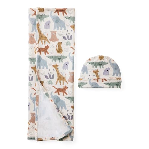 Image of Little Sleepies Swaddle & Beanie Set, Viscose from Bamboo Baby Swaddle Blanket Wrap Unisex Newborn Hospital Outfit (Sweet Safari)
