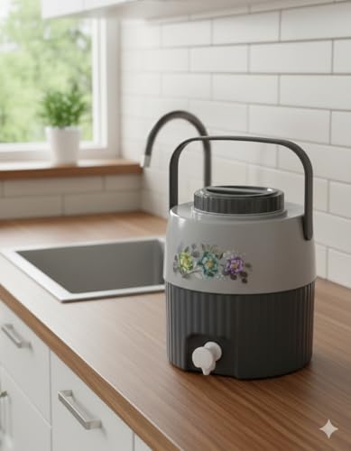 Image of Insulated Plastic Water Jug with Floral Design, 5 litres, Food Grade, BPA Free, Easy to Carry Handle, Green and Cream, Ideal for Office, Travel, Picnic and Kitchen (Gray)