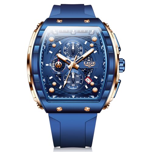 Image of LIGE Mens Watches Luxury Tonneau Watches for Men Waterproof Analog Watch Chronograph Calendar Date Men's Dress Business Work Watch Large Square Face Wristwatch
