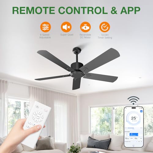 Image of Obabala Black Ceiling Fan No Light, 52 in Outdoor Flush Mount Ceiling Fans with Remote Control without Light, 5 Blades, 6 Speed Reversible DC Motor Modern for Patios, Garage, Bedroom, Porch