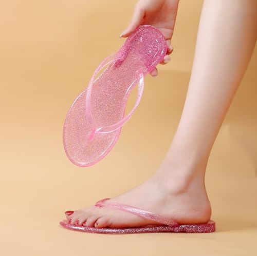 Image of Womens Flip Flops Thong Sandals Jelly Shoes Flat for Ladies Slides Glitter Pink Slippers Size 7 Slip On Summer Beach Dressy