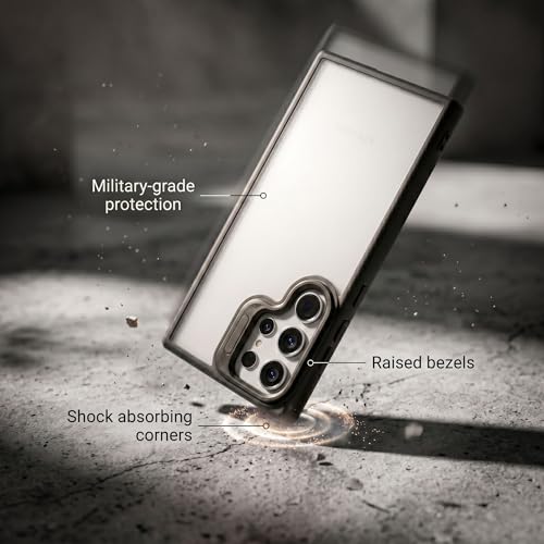 Image of amazon basics Frosted Matte Case for Samsung Galaxy S24 Ultra 5G | Built-in Flip-Out Camera Lens Stand | Translucent Back with Contrast Black Bumper | Shockproof Protective Cover