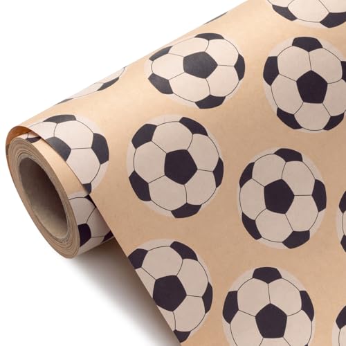 WRAPAHOLIC Kraft Football Wrapping Paper Roll - Mini Roll - 17 Inch x 9.8 Feet - Sports Soccer Wrapping Paper Perfect for Boys Birthday Baby Shower Season Games