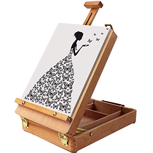 Kurtzy Atriles para Pintar y Dibujar Portátil de Madera de Haya Sobremesa con Caja de Almacenaje – Puede Contener Lienzos de Hasta 30 cm - Caballete Mesa Escritorio Estudiantes Principiantes