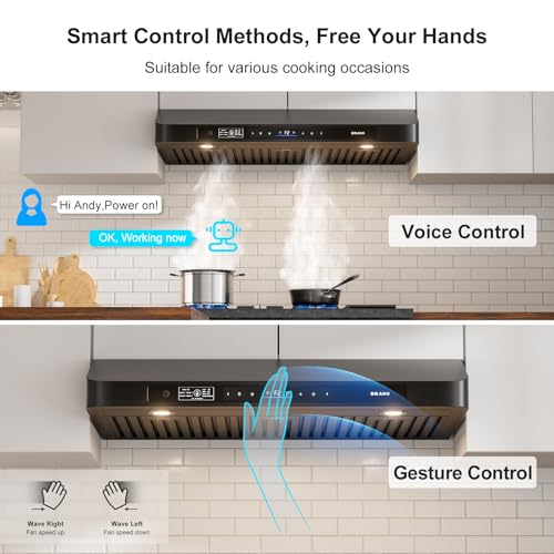 Image of BRANO 36 Inch Under Cabinet Range Hood with Voice /Gesture /Touch Control, 900 CFM Kitchen Hood with 4-Speed Exhaust Fan, Stainless Steel Stove Hood with LED Lights, Baffle Filters