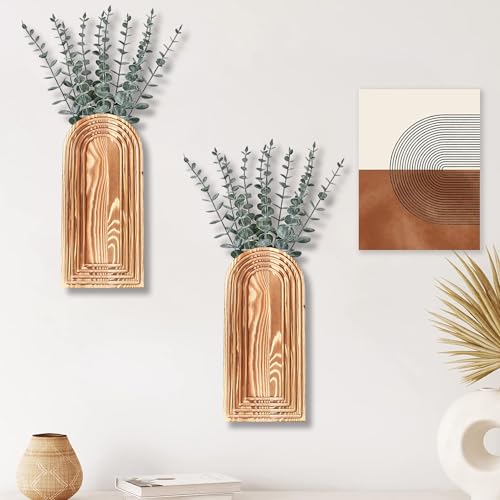 2 Pack Wooden Wall Vase Set - Brown Finish Modern Farmhouse & Boho Wall Decor for Entryway, Hallway, Bathroom, Living Room, Dining Room, Narrow Spaces - Image 4