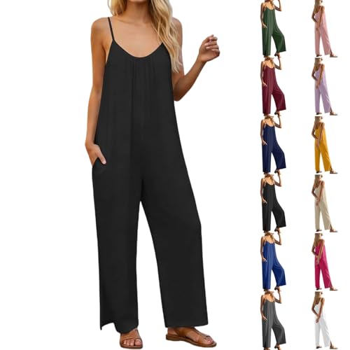 Linen Jumpsuits For Women,Linen Jumpsuits For Women 2026 Summer Casual Black Cotton Sleeveless Wide Leg One Piece Boho Romper Jumper With Pockets Dressy Beach Vacation Outfits,L
