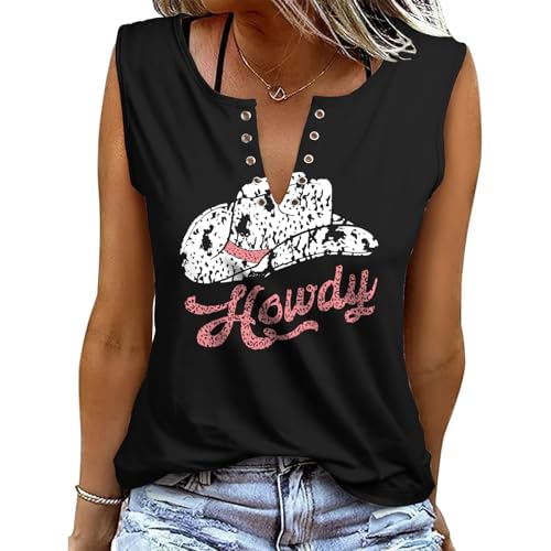 Image of heekpek Women Vest Tops V Neck Casual Summer Tee Tops Sleeveless Cotton Graphic Print Ladies Vests Tank Tops, Cowboy hat, L