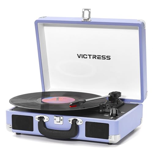 Record Player with Speakers, Bluetooth Vinyl Record Player with Recording, 3 Speed Portable Suitcase LP Player, Belt Drive Turntable, RCA/AUX/Headphone Jack, Purple