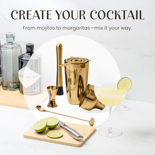Mixology & Craft Cocktail Shaker Set: 10-Piece Bartender Kit with Stand | Complete at Home Bar Set with Bar Accessories | Great Housewarming Gift | Leak-Proof Design (Gold)