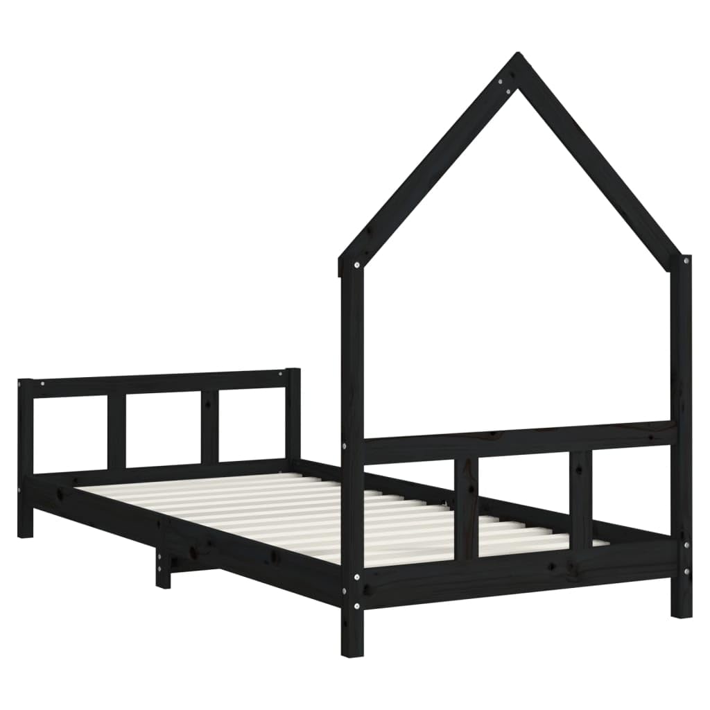 Łóżeczko dziecięce, czarne, 90 x 190 cm, lite drewno sosnowe, ze stelażem, do pokoju dziecięcego, niskie łóżko dla dzieci od 4 lat, stabilne łóżeczko niemowlęce, do sypialni, wytrzymałe