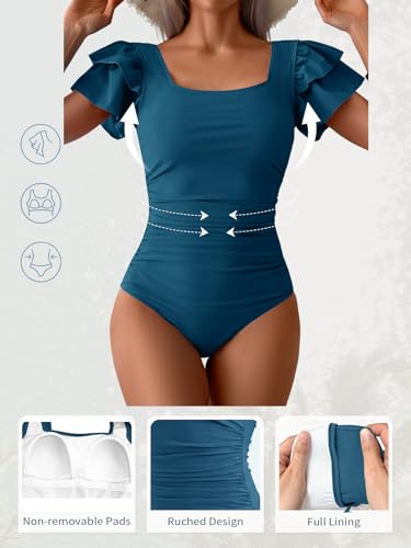 Image of Eomenie Women's Tummy Control One Piece Swimsuit Ruffle Square Neck Bathing Suit Ruched Cutout Back Slimming Swimwear
