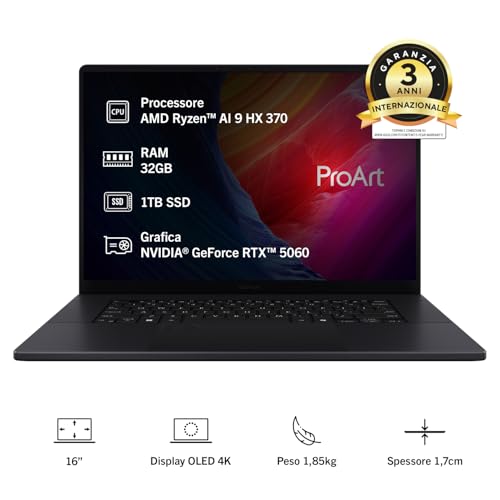 ProArt P16 H7606WM#B0F2HX8J6N, Notebook con Monitor da 16" OLED Glossy, 60Hz, AMD Ryzen™ AI 9 HX 370, RAM 32GB, 1TB SSD, NVIDIA GeForce RTX 5060 8GB GDDR7, Win 11Home, Nero - Notebook - Immagine 1