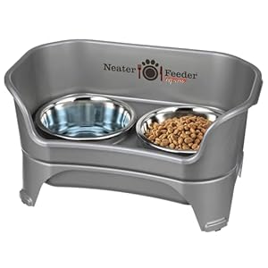 Neater Feeder – Express Model – Mess-Proof Dog Bowls (Medium/Large, Gunmetal Grey) – Made in USA – Elevated, No Spill, Non-Tip, Non-Slip, Raised Stainless Steel Food & Water Pet Bowls