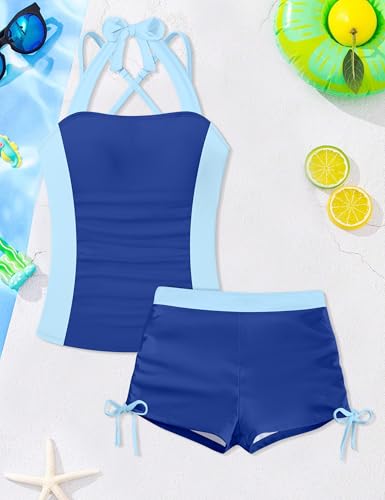 Image of Girls Bathing Suits Size 8-10 Girls Size 10 Swimsuit Halter Color Block Ruched Girl Bathing Suit 2 Piece for Kids with Side Drawstring Shorts and Adjustable Criss-Cross Straps Royal Blue