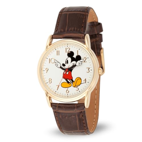 DISNEY Mickey Watch - Watch for Men - Mickey Mouse Watches for Men - Toys - 90s Mouse - Vintage - 's Articulating Hands - Gold Case - Brown Leather Strap