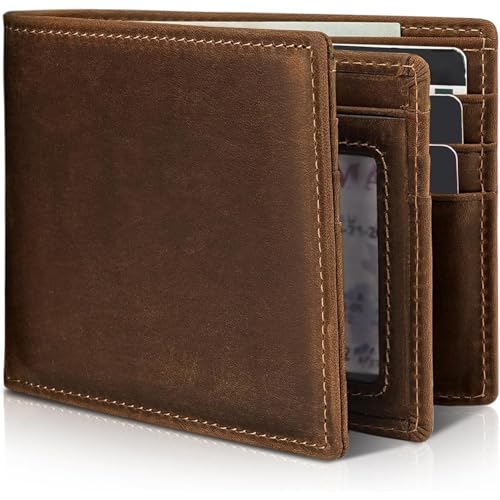 Genuine Leather Wallet for Men Bifold RFID Blocking Design with 13 Card Slots 2 Cash Pockets 1 ID Window Slim Large Capacity Wallet Gift Box Included (Coffee Brown)