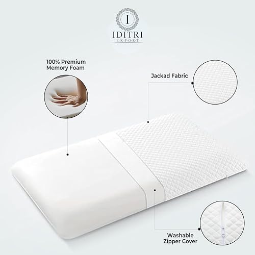 Image of Memory Foam Pillow Set of 2, Ultra Slim White Geometric Design for Spinal Health, Breathable Jacquard Bedding with Zipper, Orthopedic Support for Stomach,55 x 40 x 5 cm