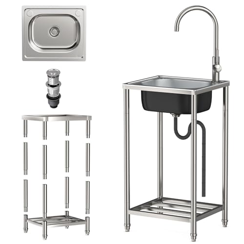 Fregadero Exterior Jardin Fregadero Acero Inoxidable Portatil Fregadero Independiente Con Grifo, Fregadero Industrial, Para Cocina, Restaurante, Bar, Jardín, Camper (33 * 38 * 82CM)